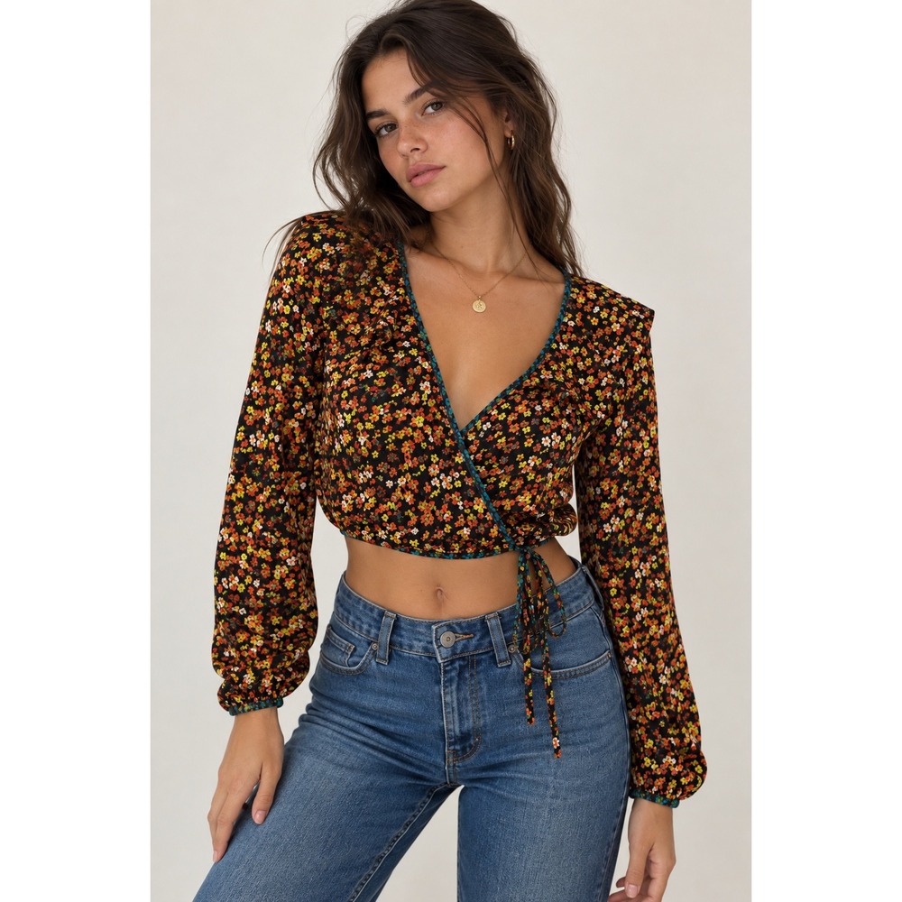 Urban Outfitters UO Blossom Floral Ruffle Wrap Crop Top Black Small